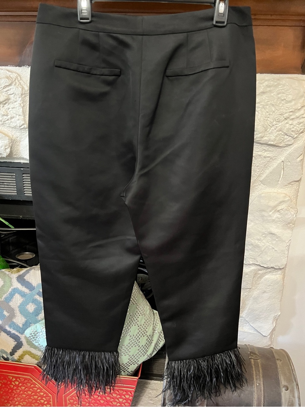 Kate Spade Tech Satin Feather-Trim Pants Black Cropped Pants Women’s Size 14 - Picture 4 of 12